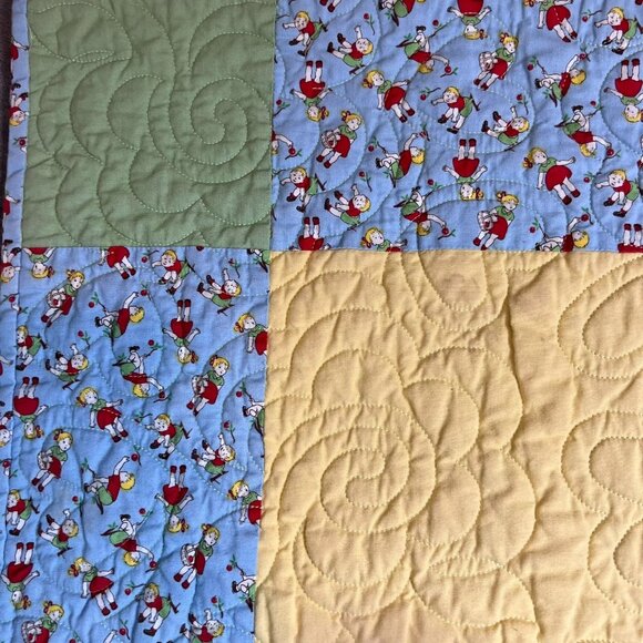 Handmade Baby Quilt Yellow Center Blue & Green Border Windham Fabric Little Girl - Picture 3 of 5